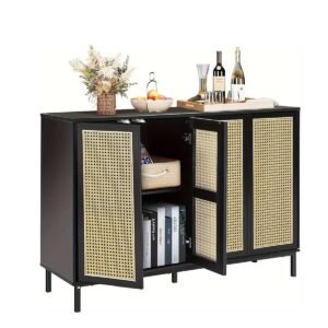 Buffets Cabinet Storage, Rattan Décor 4-door Sideboard Kitchen Storage With Adjustable Shelves