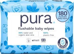Pura Flushable Baby Water Wipes 3 x 60 per pack, (180 Wet Wipes) 100% Plastic Free, 99% Water