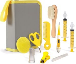 PewinGo Baby Healthcare and Grooming Kit & Newborn Baby Care Accessories, Set 10 in 1 with Soft Goat Bristles Hair Brush Nail Clipper Nasal Aspirator etc